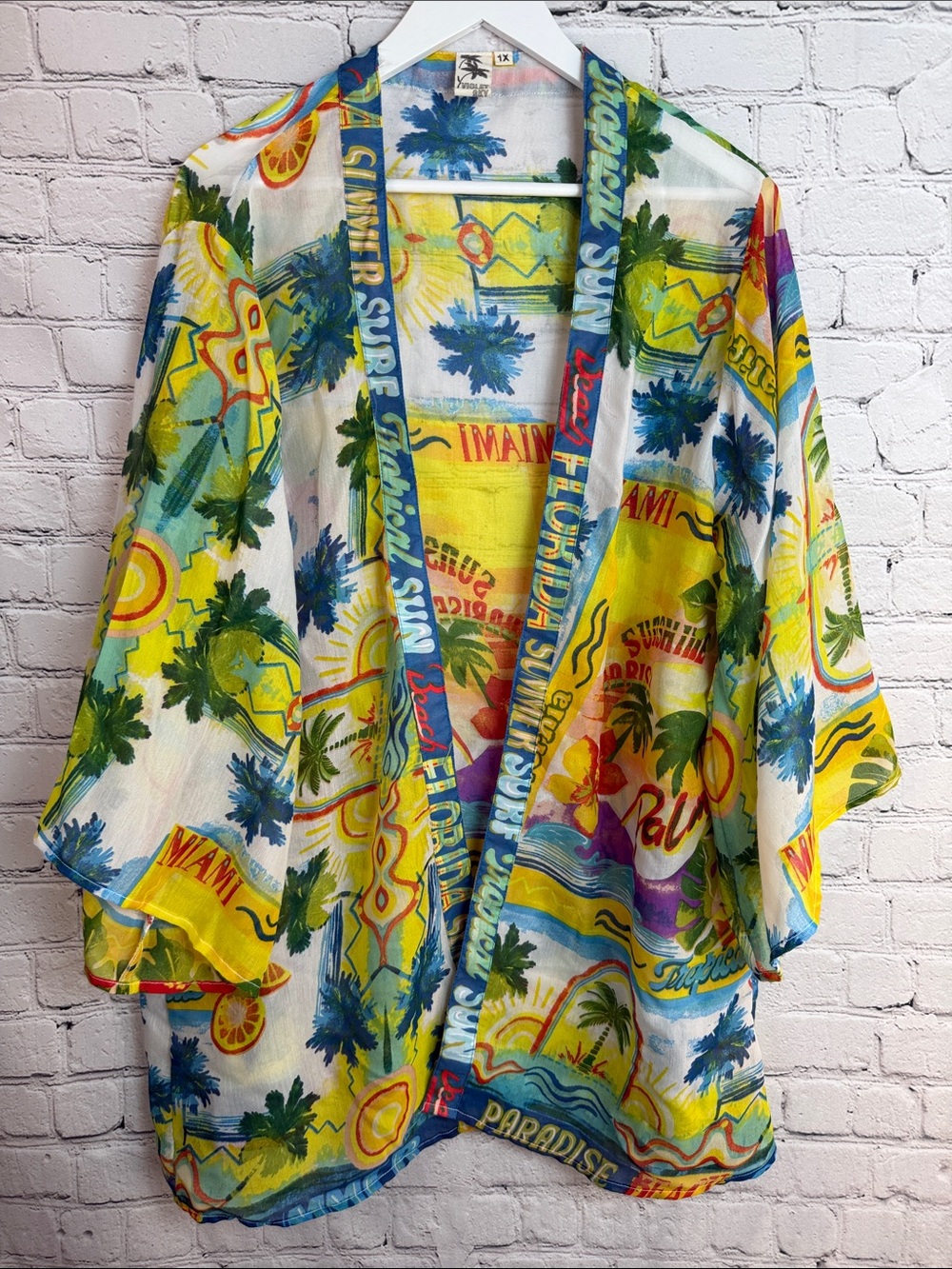 VIOLET SKY Tropical Cotton Kimono Miami California Print 1X